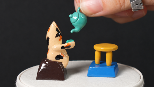 Tiny Tea Time Cat Artisan Keycaps | Magnetic Teapot Scene