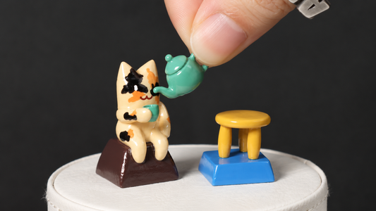 Tiny Tea Time Cat Artisan Keycaps | Magnetic Teapot Scene