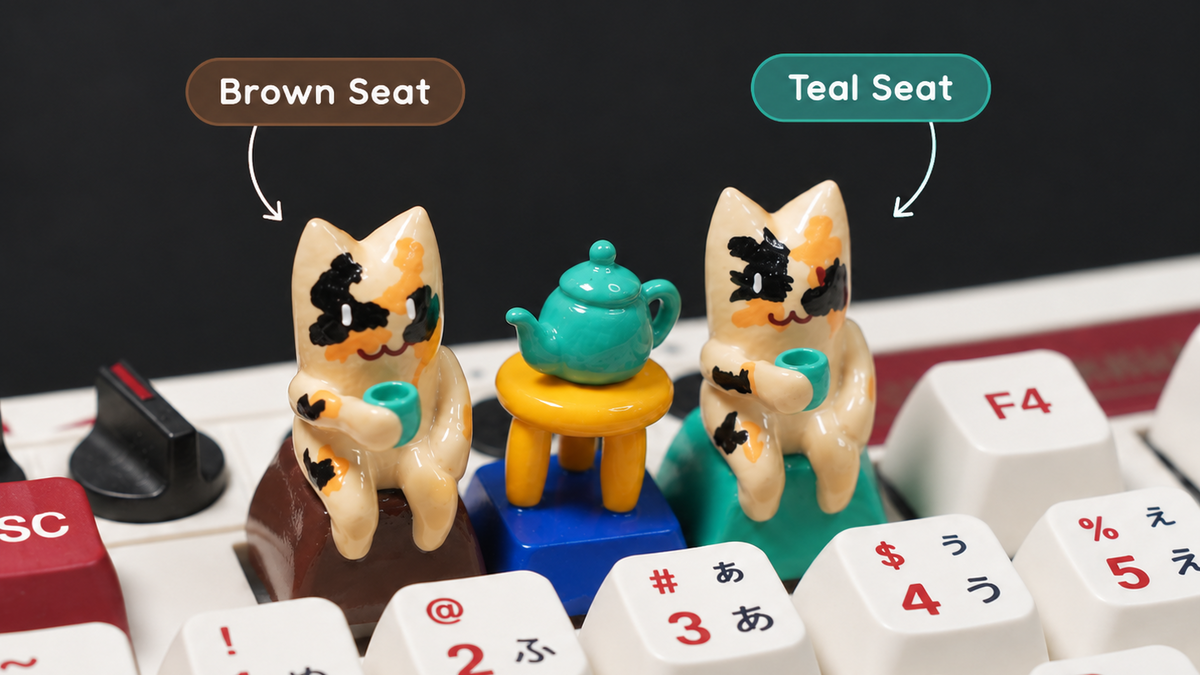 Tiny Tea Time Cat Artisan Keycaps | Magnetic Teapot Scene