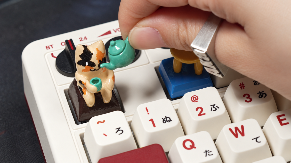 Tiny Tea Time Cat Artisan Keycaps | Magnetic Teapot Scene